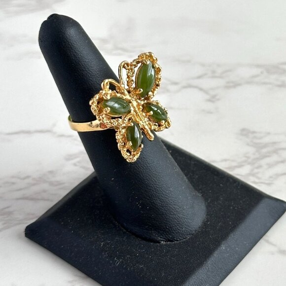 Gold Plated Butterfly Ring, Nephrite Jade Cabochons, Size 6.5, Statement Ring - Picture 4 of 10